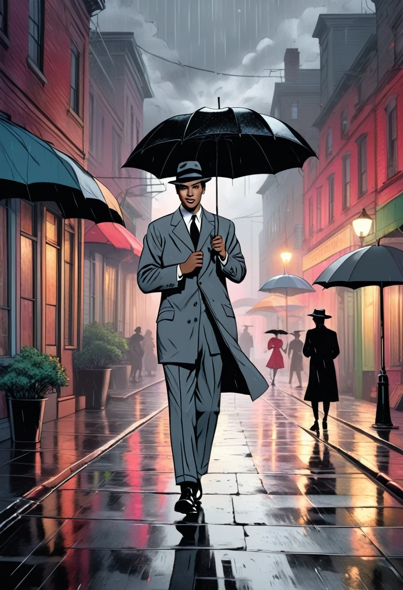 a man dancing tap dance in the rain at night while wearing a gray suit, gray hat and holding a black umbrella, smiling, 1952 american musical film, detailed realistic cinematic lighting, dramatic angle, stormy rainy background, vivid colors, dramatic moody atmosphere, (best quality,4k,8k,highres,masterpiece:1.2),ultra-detailed,(realistic,photorealistic,photo-realistic:1.37),professional,cinematic lighting,dramatic angle,extremely detailed dance movements,stormy rainy night,dramatic moody colors,vivid saturated colors