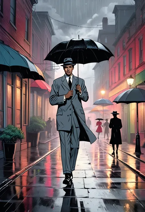 a man dancing tap dance in the rain at night while wearing a gray suit, gray hat and holding a black umbrella, smiling, 1952 ame...