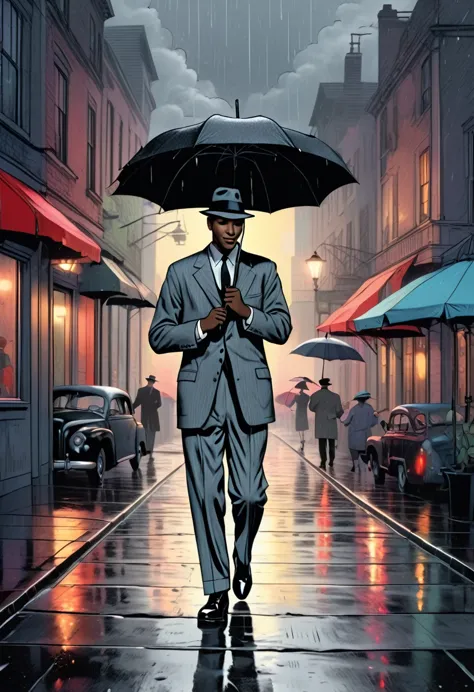 a man dancing tap dance in the rain at night while wearing a gray suit, gray hat and holding a black umbrella, smiling, 1952 ame...