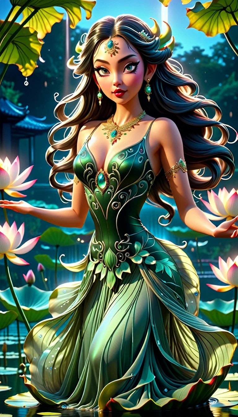 최고의 품질, 걸작, 초현실적인 다크 판타지 스타일, a goddess of succubus dancing in the 월광 on a beautiful Lotus inside a beautiful pond_청록색_물, 그녀의 드레스 전체에 복잡한 자수가 있습니다, 꿈꾸는 듯한, (매우 상세한 얼굴:1.2), 세밀하게 퉁퉁 부은 입술, 상세한 아름다운 눈, 부드러운 빛, 월광, 광선 추적, 신비한 환경을 만드는 많은 연기, 전체 길이 샷, 부드러운 조명, 매우 상세한, 8K, 댄서의 형태는 복잡하고 세밀하다, 이 고화질 사진에 보이는 모든 곡선과 근육, 아트스테이션의 트렌드,데비안아트

