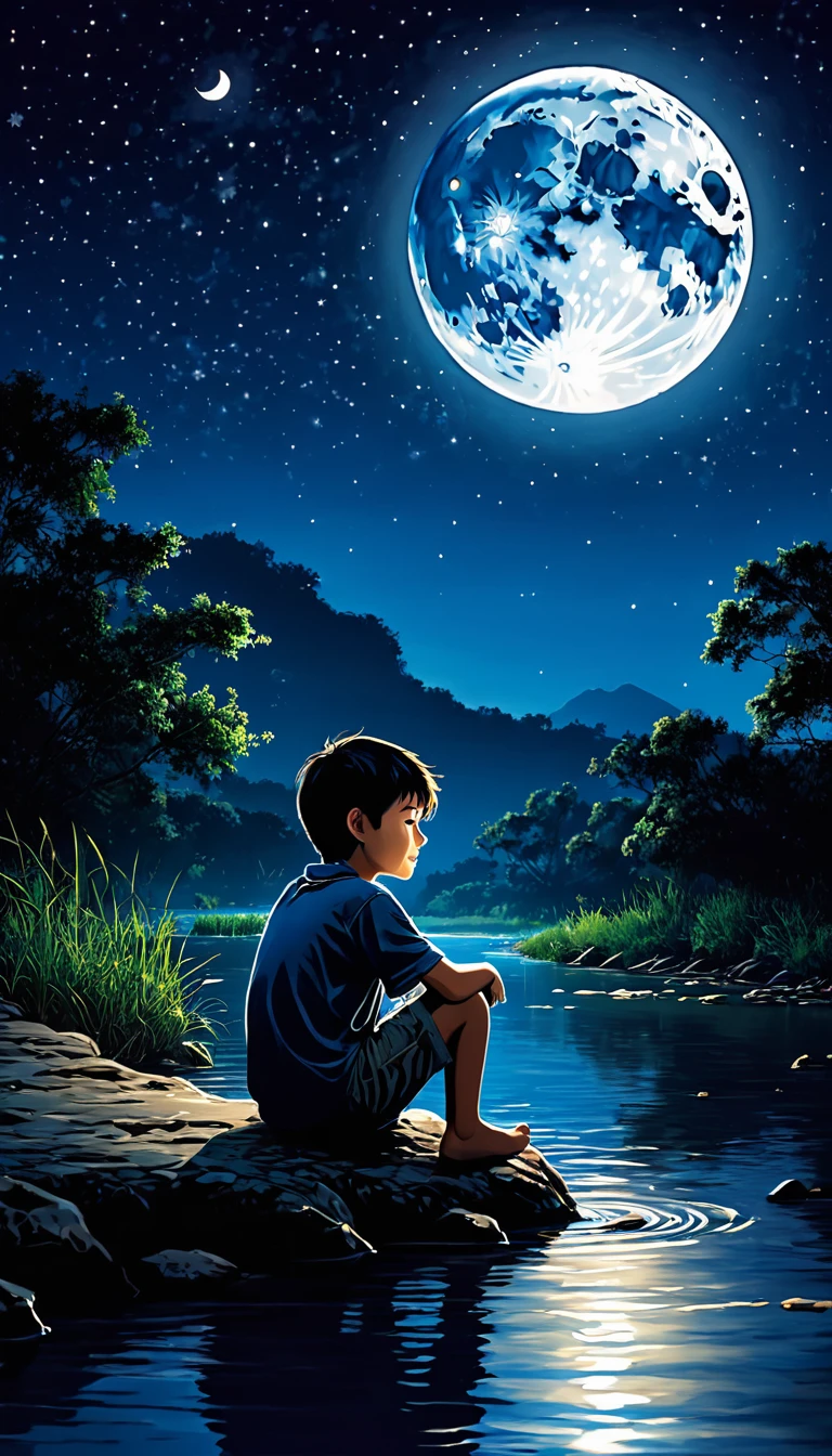 月夜里，一个男孩坐在河边
