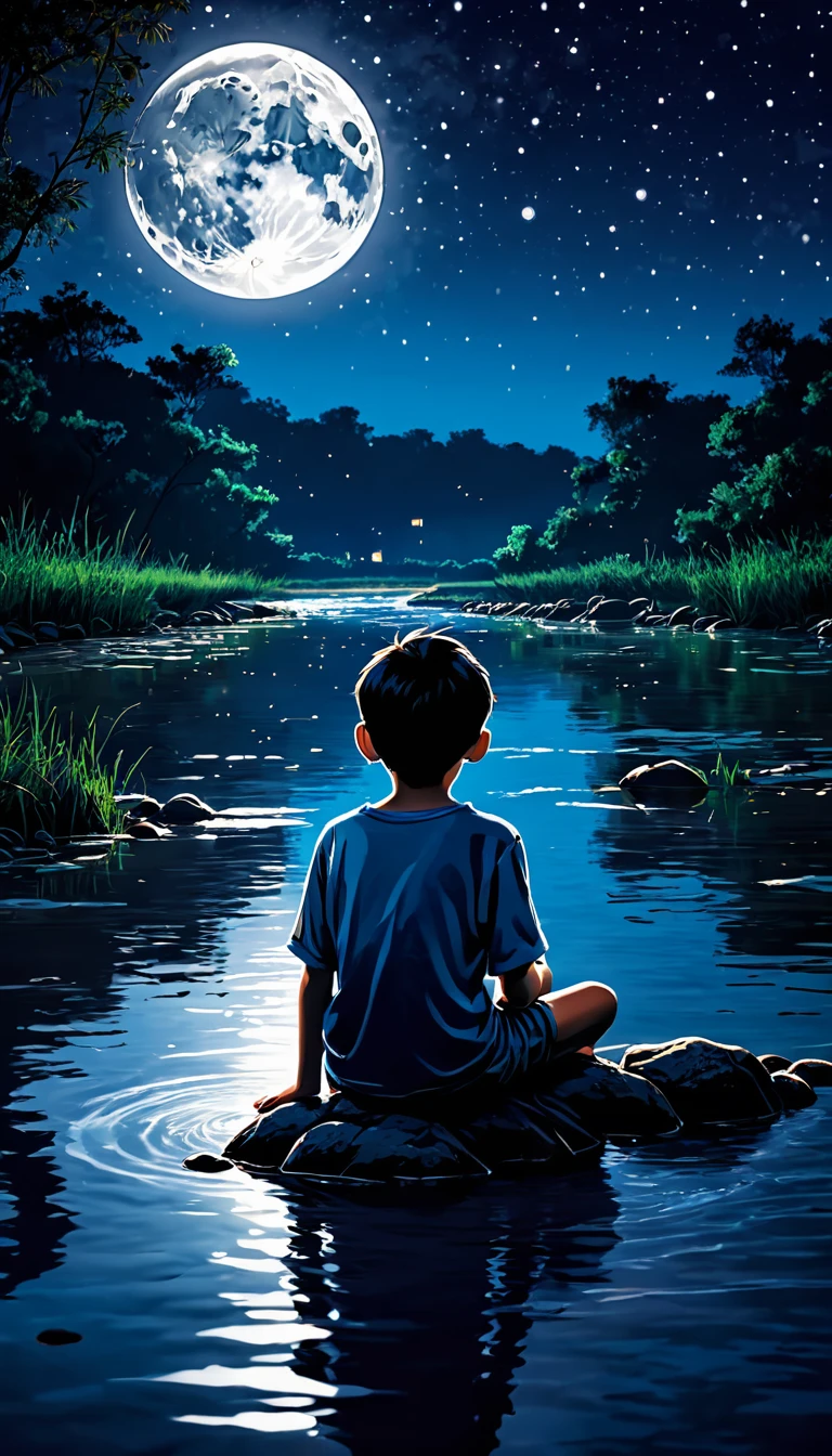Мальчик сидит в реке лунной ночью.
