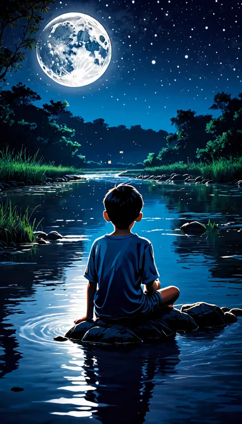 A boy sitting in a river on a moonlit night
