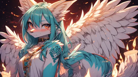 Miku Hatsune, add high definition_detail:1, blue fur,kitsune ears, tribal tattoo add_detail:1, in heaven add_detail, angelical g...