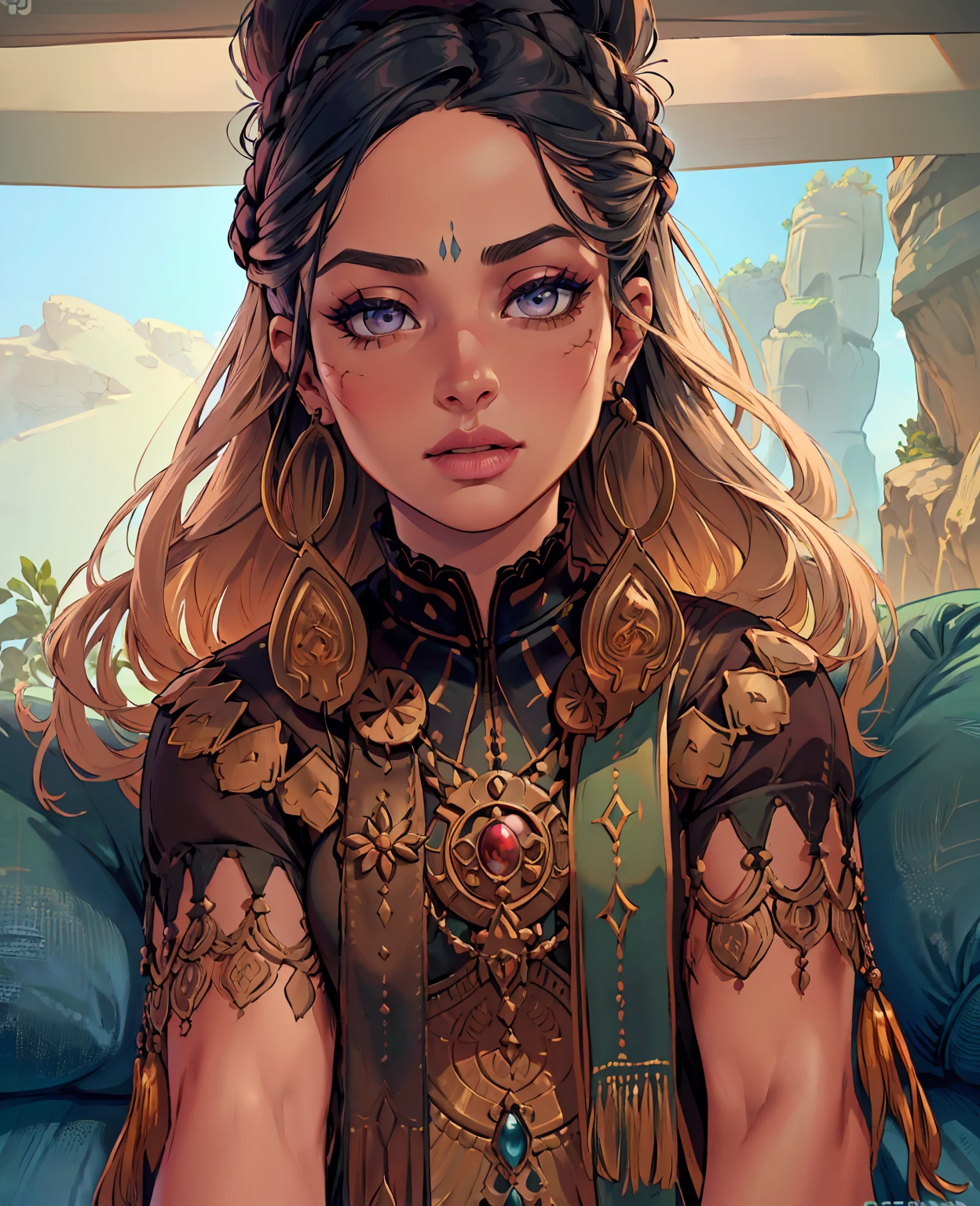 intricate detailed portrait of a nomadic woman, beautiful detailed eyes, beautiful detailed lips, extremely detailed face, long eyelashes, nomadic tribal outfit, ornate jewelry, desert landscape, natural lighting, muted color palette, (best quality,4k,8k,highres,masterpiece:1.2),ultra-detailed,(realistic,photorealistic,photo-realistic:1.37)