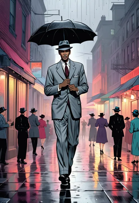 (a man dancing tap dance:1.5) in the rain at night while wearing a gray suit, gray hat and holding a black umbrella, smiling, 19...