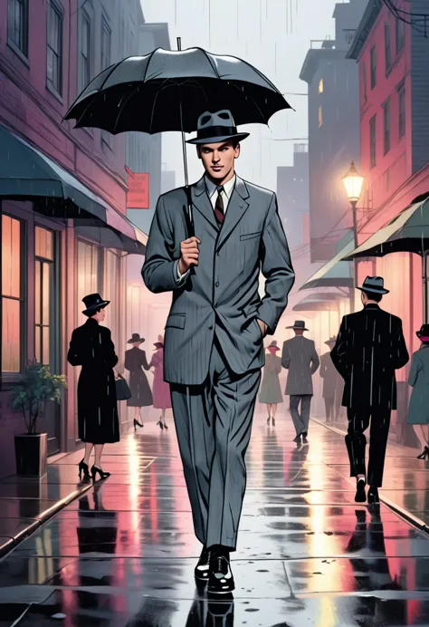 (a man dancing tap dance:1.5) in the rain at night while wearing a gray suit, gray hat and holding a black umbrella, smiling, 19...