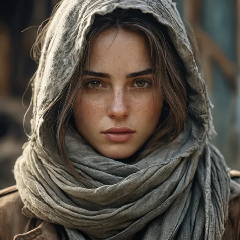 photography, cinematic, digital woman character with weathered clothing and facial features, emphasizing realism, highly detaile...