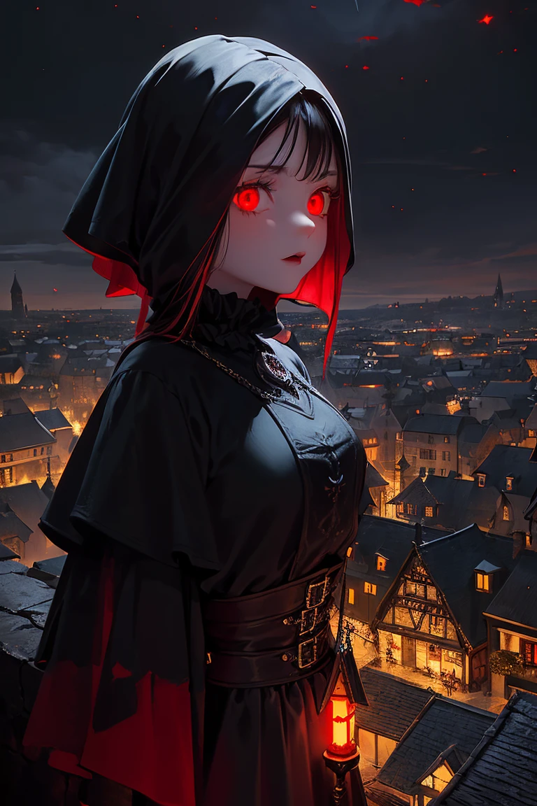 old European village shot with bird view, (Red glowing eyes), masterpiece, Depth of written boundary, Lutz, Gwaites style artwork, Gothic aesthetics, Dark Vampire village, ((in the dark gothic style cathle:1)), ((dark mid-night time:1.5)),