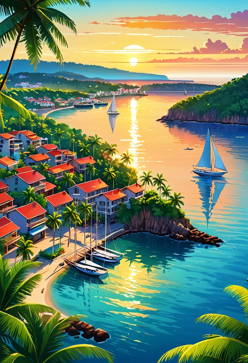 a town port at sunset with a sky background, a sailboat away, quiet afternoon, incredibly pretty, quiet afternoon, distance forest hills, sea cliff, coconut trees, beautiful animated landscape, View from above
