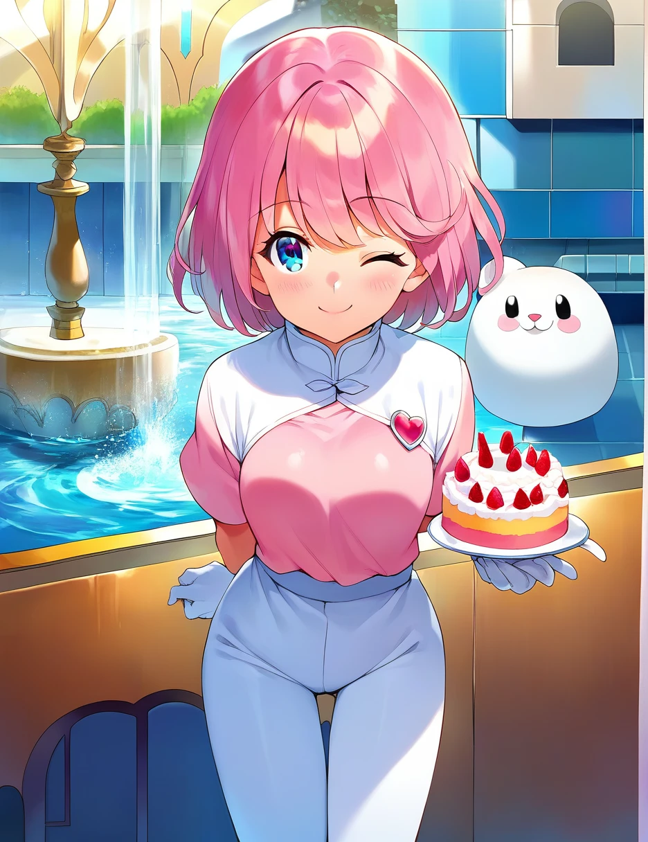 NSFW1.9、Completely naked、,cake,score_9,score_8_up,score_7_up,source_アニメ,1girl,独奏,looking at viewer,shirt,white puff sleeve,short sleeves,white gloves,white pants,smile,:d,one eye closed,light_blush,city,fountain,arms_behind_back,standing,leaning_forward,cowboy_shot,front view,