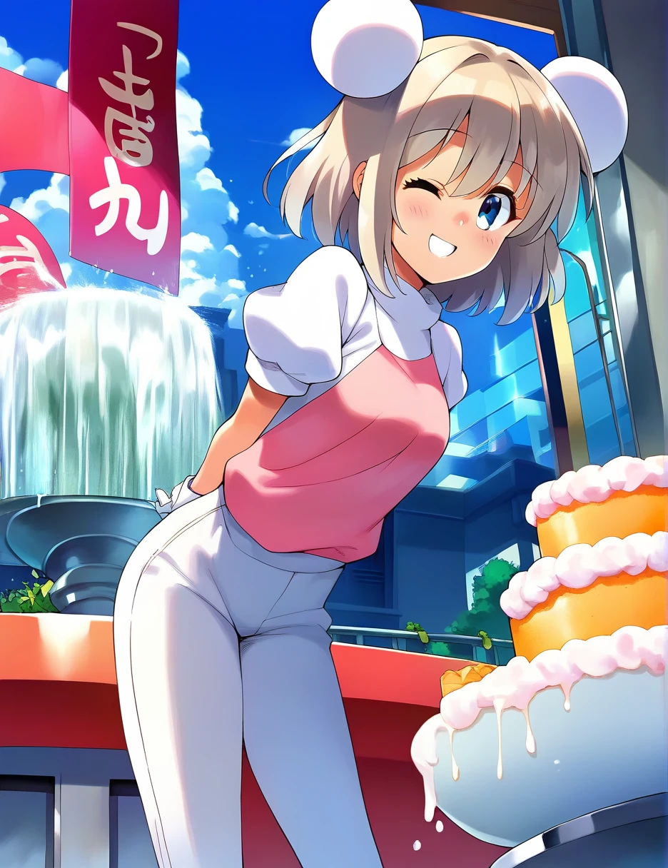 NSFW1.9、Completely naked、,cake,score_9,score_8_up,score_7_up,source_アニメ,1girl,独奏,looking at viewer,shirt,white puff sleeve,short sleeves,white gloves,white pants,smile,:d,one eye closed,light_blush,city,fountain,arms_behind_back,standing,leaning_forward,cowboy_shot,front view,