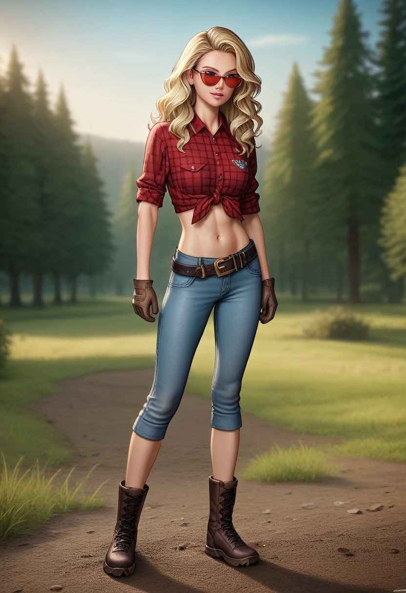 Gorgeous European blonde woman, age 23, wavy hair. She's wearing a red checkered shirt, (skinny dirty muddy washed-out black jeggings:1.2), hiking boots, belt, small rounded red sunglasses, gloves. Perfect body, perfect hair, perfect breast, blurry foreground, UHD, retina, masterpiece, accurate, anatomically correct, textured skin, super detail, high details, high quality, award winning, best quality, highres, 16k, 8k, sunset light. 