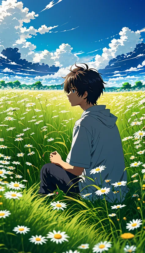 Sitting in a field of tall grass and daisies、Anime scene of a boy gazing at the void with white clouds floating in it, Colorful ...