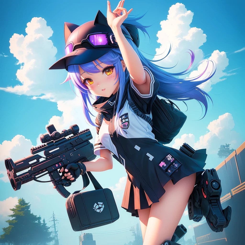 a cartoon image of a girl with a gun and a hat, splash art anime , fully robotic!! catgirl, cute art style, pixiv contest winner, clean artstyle, video game fanart, advanced digital chibi art, game art!!, anime style illustration, pixiv, cyber school girl, pixiv style, digital anime illustration, ahegao