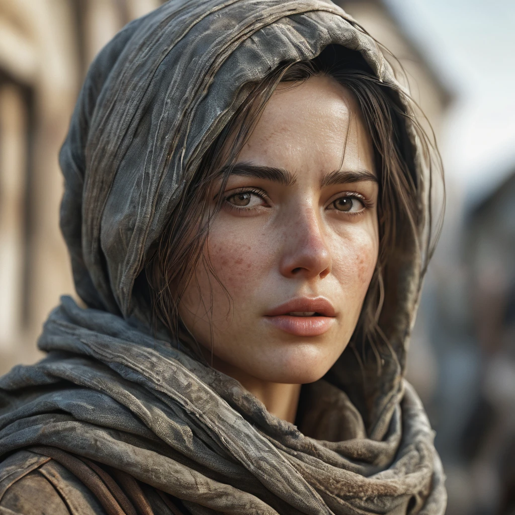 photography, cinematic, digital woman character with weathered clothing and facial features, emphasizing realism, highly detailed, very realistic   