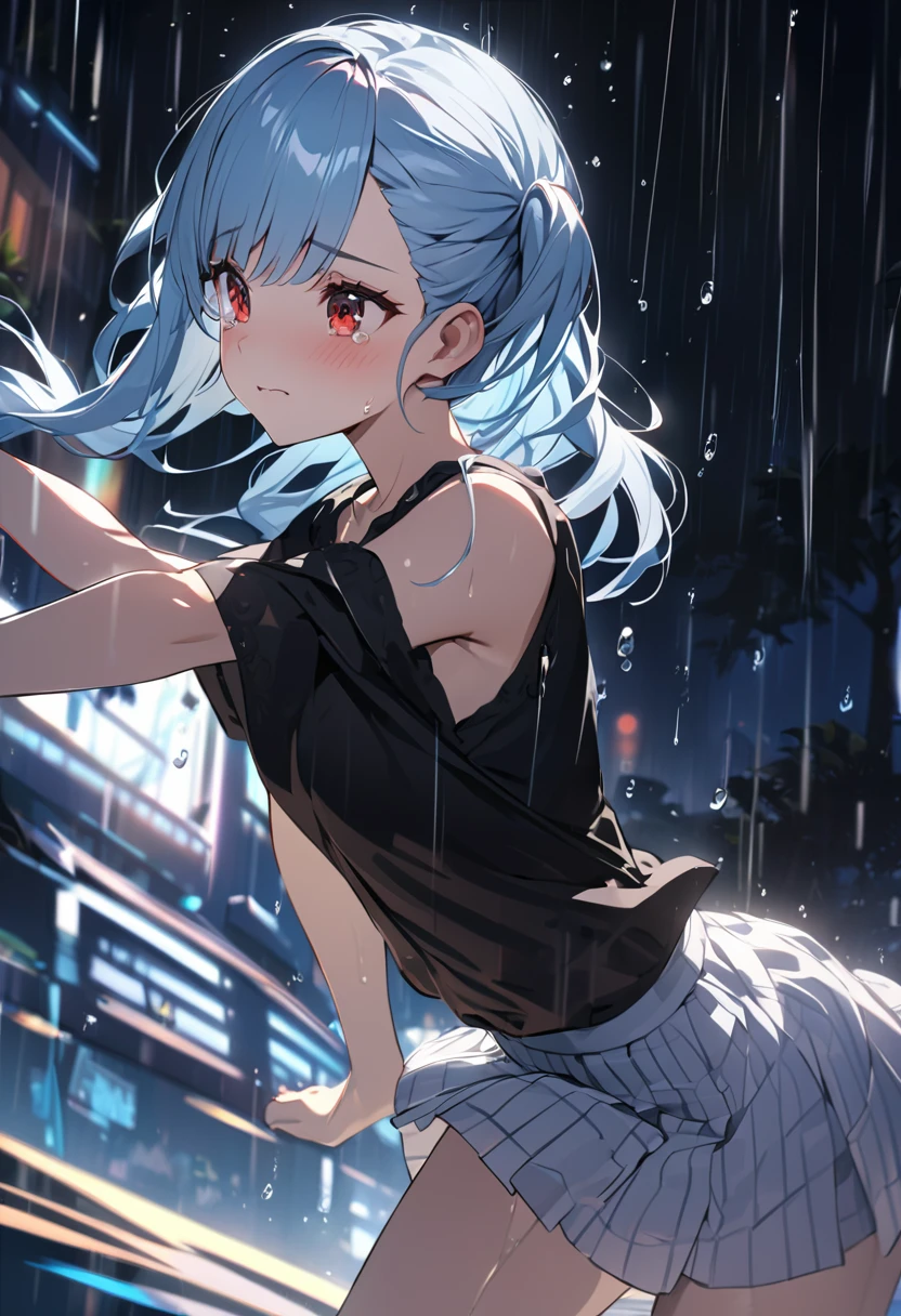 A beautiful young girl, Red eyes, Black Shirt、skirt、Dance with grace、 First Person View, Light blue hair, asymmetrical bangs, side ponytail、Dim lighting、rain、Rain drops、tearing up, from side, uhd, anatomically correct, super detail