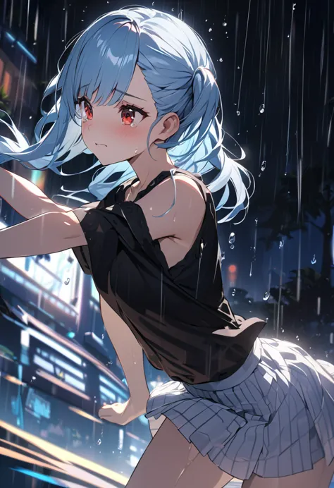 A beautiful young girl, Red eyes, Black Shirt、skirt、Dance with grace、 First Person View, Light blue hair, asymmetrical bangs, si...
