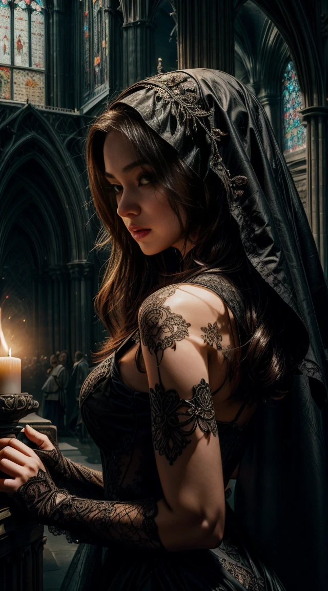 A sexy nun with seductive eyes and full lips, wearing a revealing black lace dress and high heels, poses gracefully in a dimly lit cathedral. she is long, wavy hair falls down the back, framing your seductive face. The detailed folds of her dress create a sense of mystery and intrigue, as the soft candlelight casts a warm glow on your flawless skin. The artwork is a masterpiece of photorealistic beauty, Captured with high-resolution precision and ultra-detailed rendering. Vibrant colors add depth and richness to the scene, with a touch of bokeh in the background, creating an ethereal atmosphere. The overall composition exudes sensuality and sophistication, making it a captivating portrait in the erotic art genre. Armor and katana kitsube