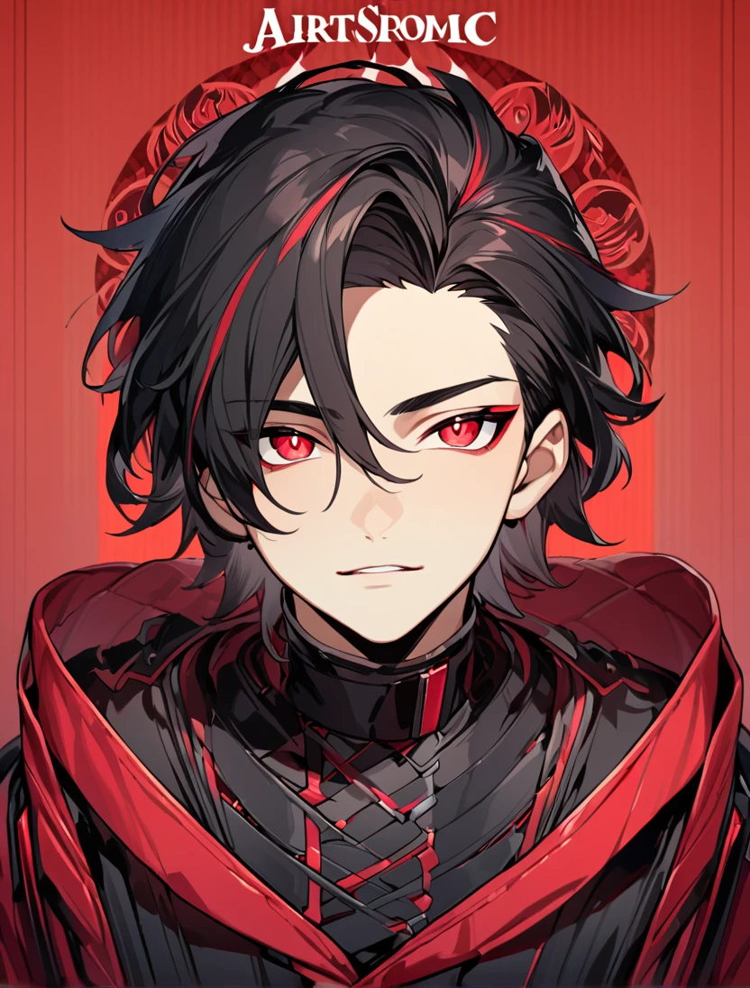 (Black_Hair), (red_ruby_eyes), (Handsome), (attractive), (male), (close_up_shot), (detailed_eyes), (detailed_hair), (clean_hair),  (vertical_pupils), (black_pupild), (jawline), (wears_aristrocatic_outfit), (teen), (short_hair)