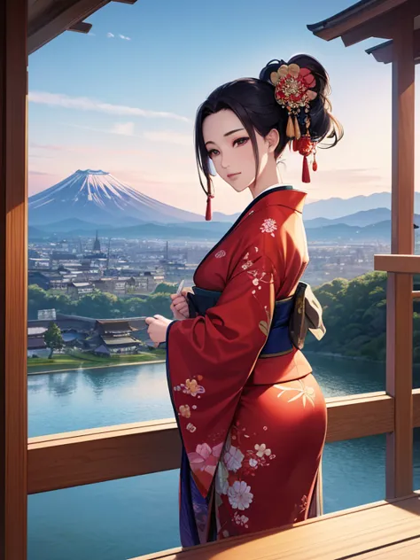 (Highest quality、masterpiece、High resolution、8K)、Vibrant colors、Ukiyo-e、Utamaro、Kimono Beauty、river、Mount Fuji in the distance、J...