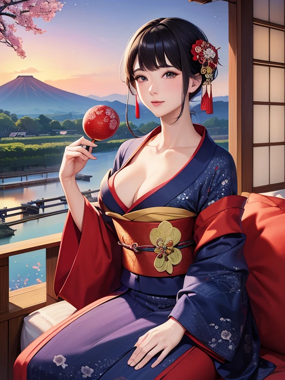 (de la máxima calidad、obra maestra、Alta resolución、8K)、Colores vibrantes、Ukiyo-e、Utamaro、Belleza del kimono、río、Monte Fuji en la distancia、paisaje japonés、arte oficial、