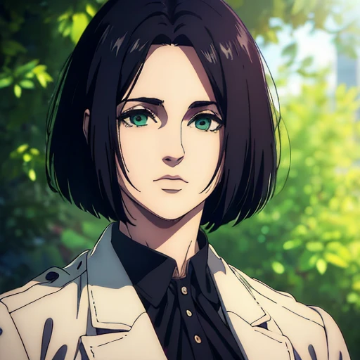 best quality,4k,8k,highres,masterpiece:1.2),ultra-detailed,(realistic,photorealistic,photo-realistic:1.37), a woman, mappa art style,  has raven-black hair color, his hair are very bob cut ,  detailed small light green almond-shaped eyes  ,  she looks handsome, she is fair, she is wearing white coat  , vibrant color