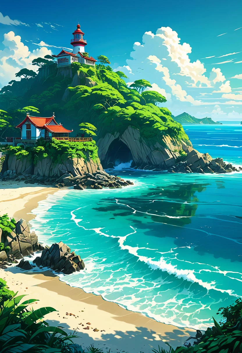 The ocean is right in front of you、tropical zone、ocean、Ocean Shore、cliff、bungalow、Complex、Turquoise、Emerald green、Sun light、water surface、rock、cloud、blue sky、buzzer、Paradise、beautiful、vivid、nature、journey、vacation、beautiful animated landscape, Landscape painting, lighthouse, Beautiful digital painting, andreas rocha, Beautiful artwork illustration, awesome wallpapers, Raymond Han, tall beautiful painting, Studio Greebly New Ocean Makoto, beautiful wallpaper, animated landscape
