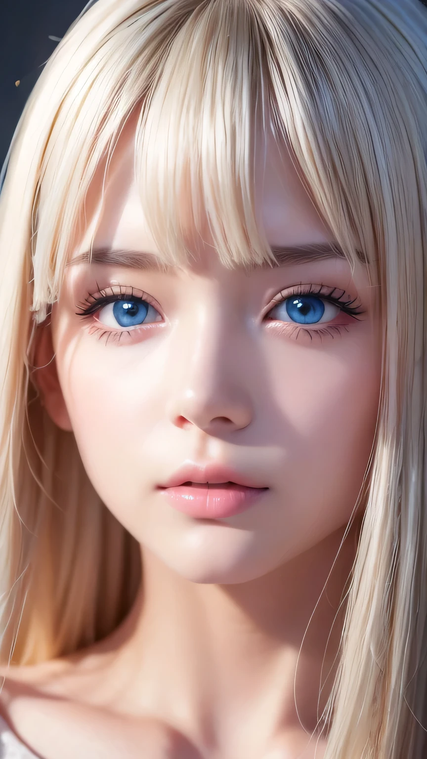 Dressed、(Photorealistic:1.4)、(ハイパーRealistic:1.4)、(Realistic:1.3)、(Smooth lighting:1.05)、(Improved cinematic lighting quality:0.9)、32k、1 Girl、Very cute expression、A beautiful 16 year old blonde girl、bangs that fall on the face、Bangs left over the eyeessy bangs between the eyes and nose、Realistic top lighting、Backlight、Face Light、Super long silky platinum hair、Blonde rays、(Bright light:1.2)、(quality improvement:1.4)、(Highest quality realistic textured skin:1.4)、Very beautiful, detailed, shiny, very bright, mint blue, large eyes、Very big eyes、Detailed face、A careful eye for quality、(Tired, sleepy and satisfied: 0.0)、Face close up、T-Shirts、(Enhances the body line:1.1)、(Enhances the beauty of skin texture:1.1)、Cheek gloss highlighter、Small Face Beauty、Round face