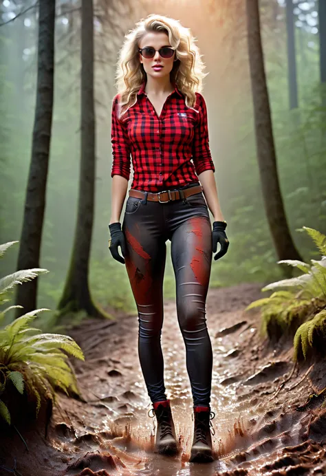 Gorgeous European blonde woman, age 23, wavy hair. She's wearing a tight red checkered shirt, (skintight dirty muddy washed-out ...