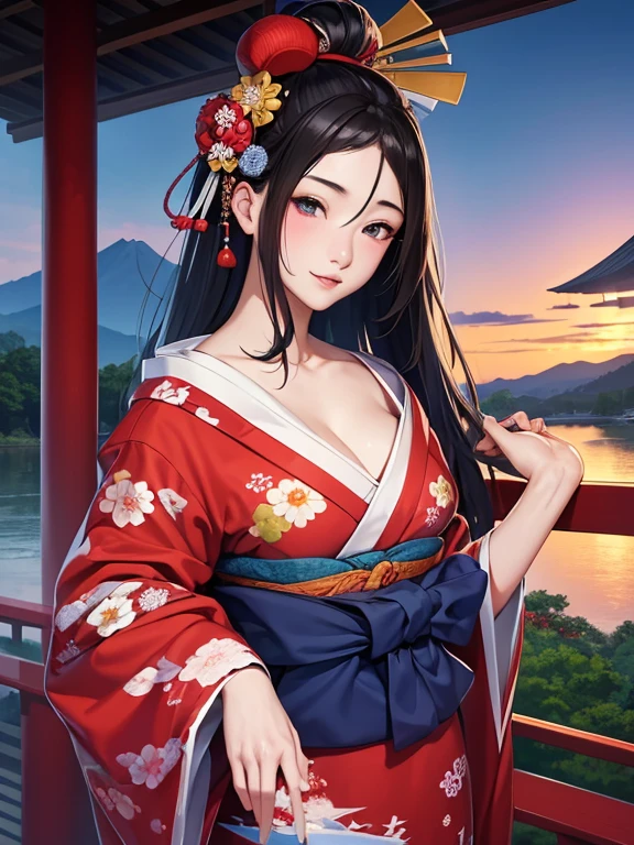 (de la máxima calidad、obra maestra、Alta resolución、8K)、Colores vibrantes、Ukiyo-e、Utamaro、Belleza del kimono、río、Monte Fuji en la distancia、paisaje japonés、arte oficial、