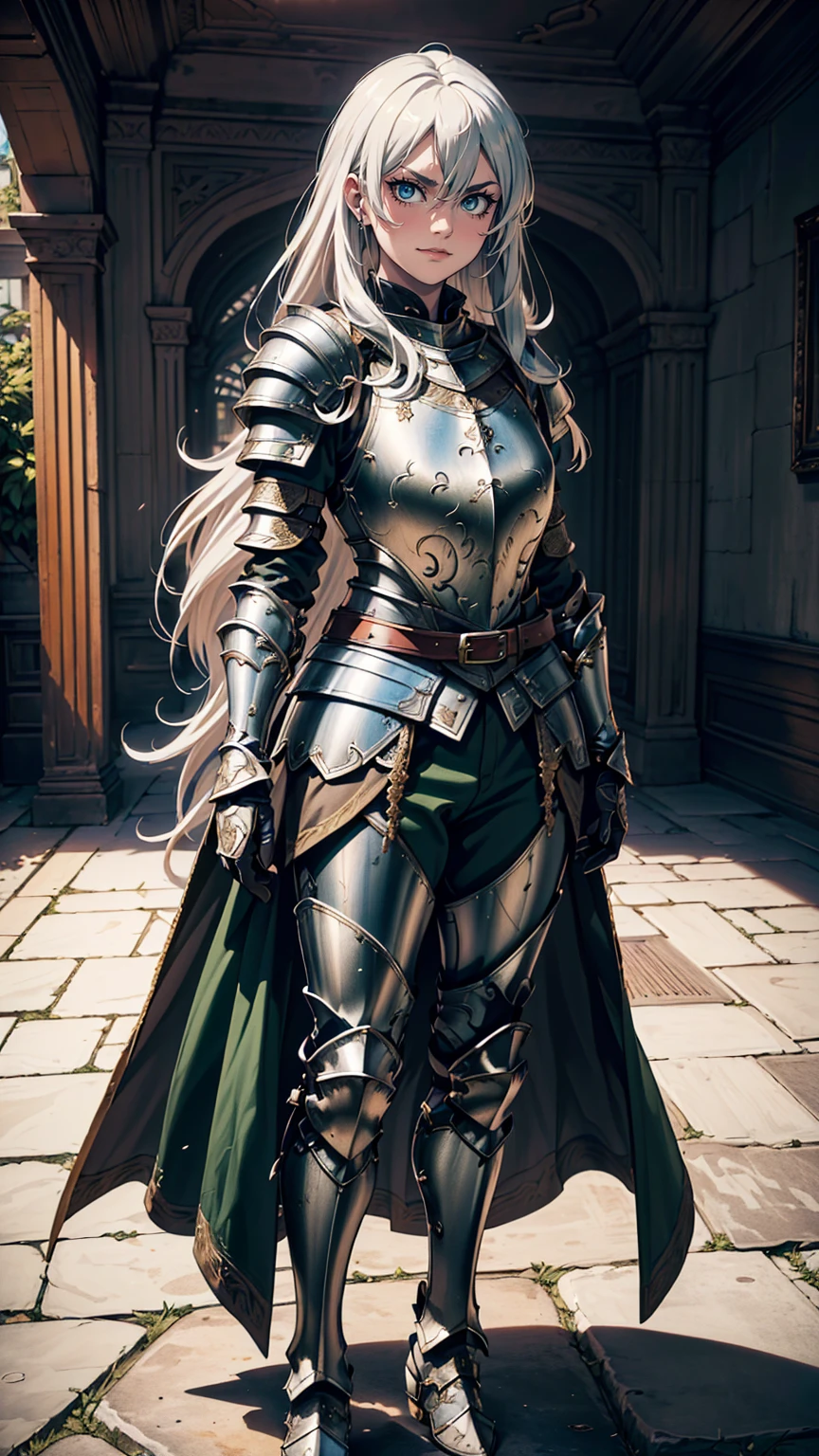 最high quality、Ultra High Definition, Ultra High Quality, Hyper Definition, Hyper Quality, Hyper Detailed, Extremely Detailed, Perfectly Detailed, Best image quality、masterpiece、anime woman((20-year-old、super dynamic pose , Green solid eyes, Silver long Hair、Disheveled Hair、Long White Hair, Gloves  Belt、Armored pants, Noble Armor, Smirk, cheerful expression, Detailed Cuirass , Dressed in Full Coverage Noble Plate Armor, leg armor)),high quality、Beautiful art、background((Inside the mansion))、Written boundary depth、  movie、Visual Arts、Perfect art、8K,Genuine、