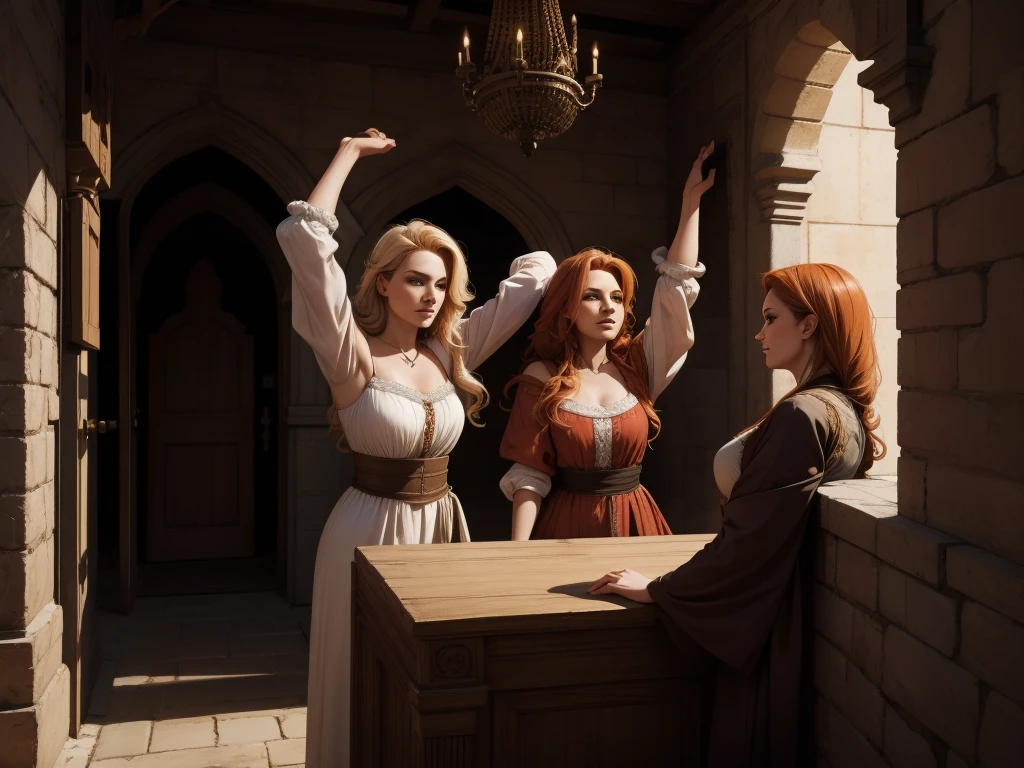 deux femmes appuyées contre le mur, les bras levés, une blonde et une rousse, Ils portent des chemisiers de la période médiévale, prends 3/4 devant la caméra