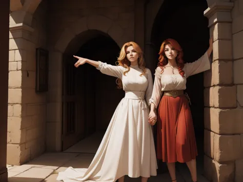 two women leaning on the wall with their arms up, a blonde and a redhead, They wear blouses from the medieval period, take 3/4 i...