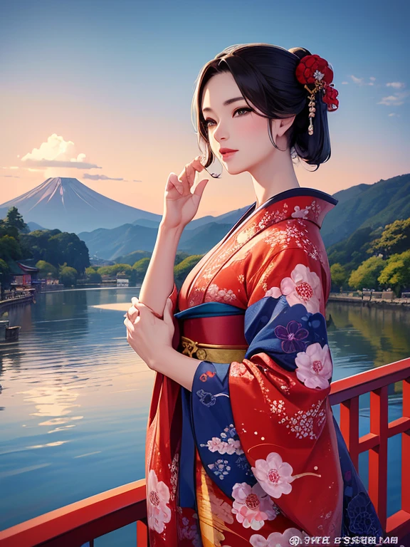 (de la máxima calidad、obra maestra、Alta resolución、8K)、Colores vibrantes、Ukiyo-e、Utamaro、Belleza del kimono、río、Monte Fuji en la distancia、paisaje japonés、arte oficial、