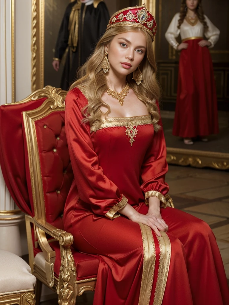 Daughter of a Russian noblewoman during the reign of Catherine II, (Russian noble costume, Red Formal long dress, gorgeous noble dress, white Elbow grove: 1.3), sitting pose , on Chair ,in palace, Front view , looking at viewer, Russian girl, 18 age old, ((Blond hair:1.3), middle hair , wince, Gray eyes, beautiful lip, serious), gold crescent earrings, gold neckless, (big breasts, slender whist, wide hip, real public hair, corrected pussy and anal) , textured skin , HI detailed skin, (foreshortening, Canon, anatomically correct, super detail, high details, highness,