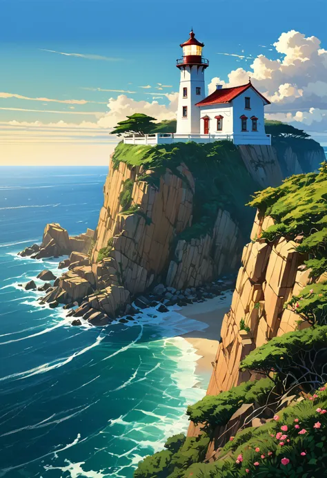 a painting of a faro on a cliff overlooking the ocean, Rosa Tran. scenic background, faro, beautiful animated landscape, landsca...