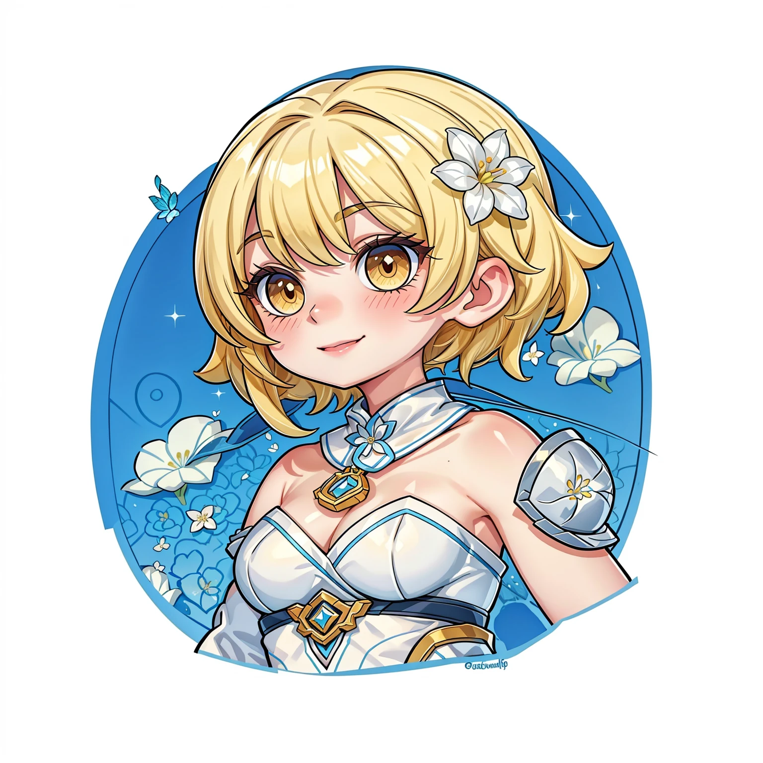 ((1girl, lumine, blonde hair, flower on hair, white background)), upper body, anatomically correct, short hair, chibi, simple background, smile, cleavage,