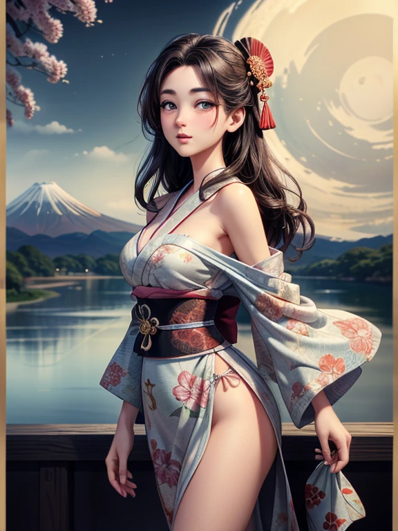 (Highest quality、masterpiece、High resolution、8K)、Vibrant colors、Ukiyo-e、Utamaro、Kimono Beauty、river、Mount Fuji in the distance、Japanese Landscape、Official Art、