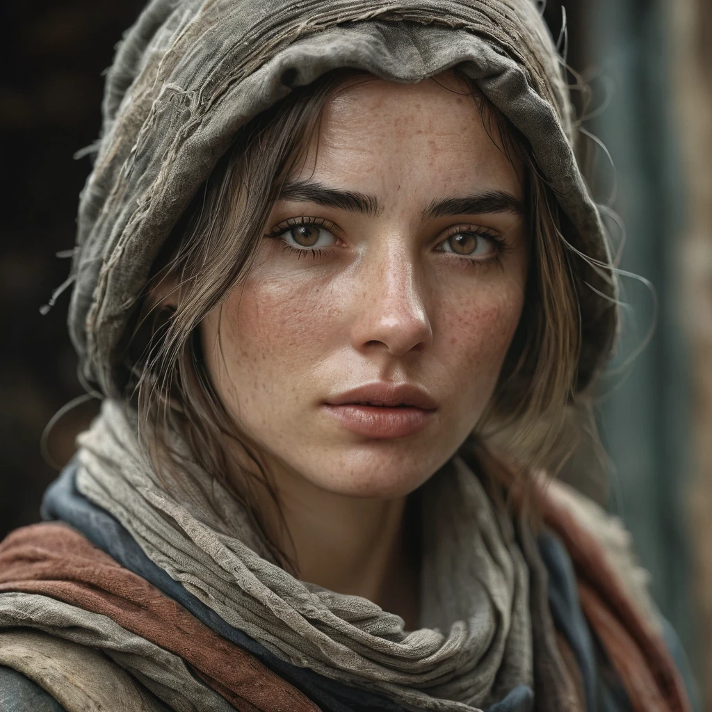 photography, cinematic, woman character with weathered clothing and facial features, emphasizing realism, highly detailed, very realistic   