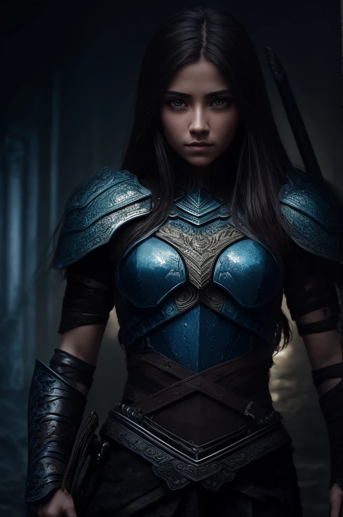 a female warrior, beautiful detailed eyes, beautiful detailed lips, extremely detailed eyes and face, long eyelashes, armor, sword, shield, determined expression, brave, strong, resilient, skilled, loyal, intelligent, unstoppable, compassionate, fantasy landscape, dramatic lighting, epic, cinematic, digital painting, highly detailed, 8k, photorealistic, vibrant colors, chiaroscuro