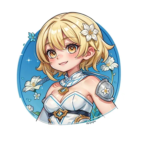 ((1girl, lumine, blonde hair, flower on hair, white background)), upper body, anatomically correct, short hair, chibi, simple ba...