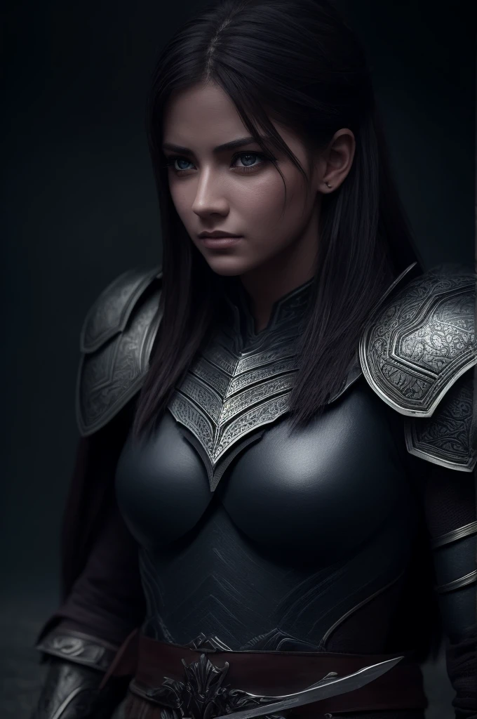 a female warrior, beautiful detailed eyes, beautiful detailed lips, extremely detailed eyes and face, long eyelashes, armor, sword, shield, determined expression, brave, strong, resilient, skilled, loyal, intelligent, unstoppable, compassionate, fantasy landscape, dramatic lighting, epic, cinematic, digital painting, highly detailed, 8k, photorealistic, vibrant colors, chiaroscuro