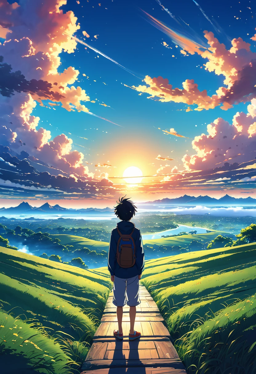 Hermoso y sereno paisaje anime., ((con efecto bintage de cielo limpio)), atardecer ((Sin nubes)), soñador, increíble. Un niño mirando hacia el horizonte vacío., an increíble cielo limpio, fascinante, soñador, surreal, bien detallado, fotoshop, anime-realista, Fondo de pantalla de paisaje animado, paisaje animado, Fondo de pantalla de paisaje animados, anime hermosa escena paz, hermoso paisaje animado, anime cielo anime. por Makoto Shinkai, Rhads y Lois Van Baarle, Makoto Shinkai Cyril Rolando, arte de fondo animado, Fondo de pantalla de arte animado 4k, cielo limpio