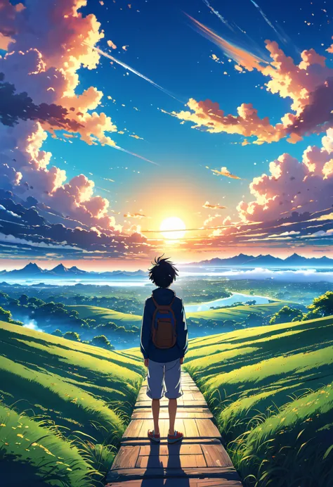 Beautiful and serene anime landscape, ((with clean sky bintage effect)), sunset ((without clouds)), dreamy, incredible. A boy lo...