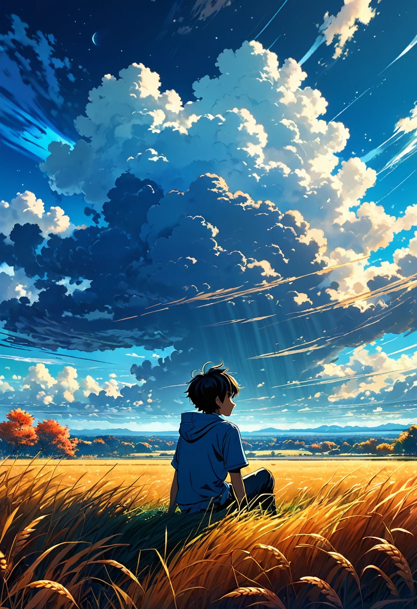 a boy sitting in an autumn meadow, seeing a vast blue sky with dark blue clouds, tall grasses, cloudy sky, makoto shinkai cyril rolando, anime art wallpaper 4k, anime art wallpaper 4k, animated background, anime art wallpaper 8K, animated background art, Anime Landscape Wallpaper, amazing wallpaper, HD wallpaper, 4k anime wallpaper, 4k anime wallpaper, Aries Moross art,art by Bob Byerley , AshleyWoodArtAI, greg rutkowski