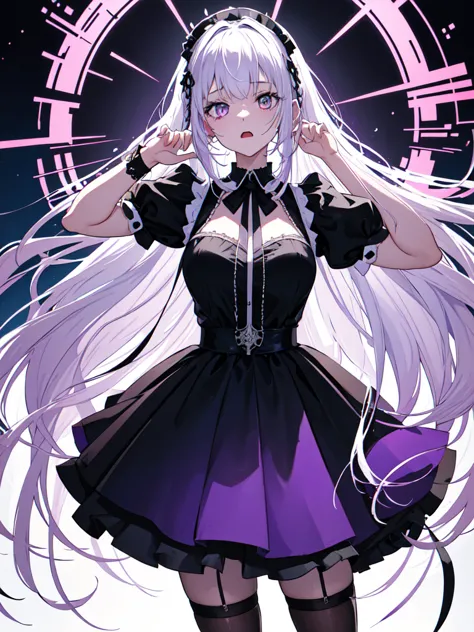 maid, Evil Eye, A bad looking person with white eyes, whole body絵, She is wearing a maid uniform and the background is a dark an...