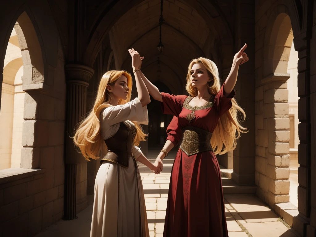 two women leaning on the wall with their arms up, a blonde and a redhead, They wear blouses from the medieval period, half body shot in front of the camera