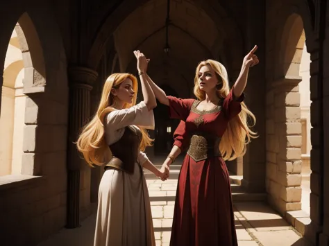 two women leaning on the wall with their arms up, a blonde and a redhead, They wear blouses from the medieval period, half body ...