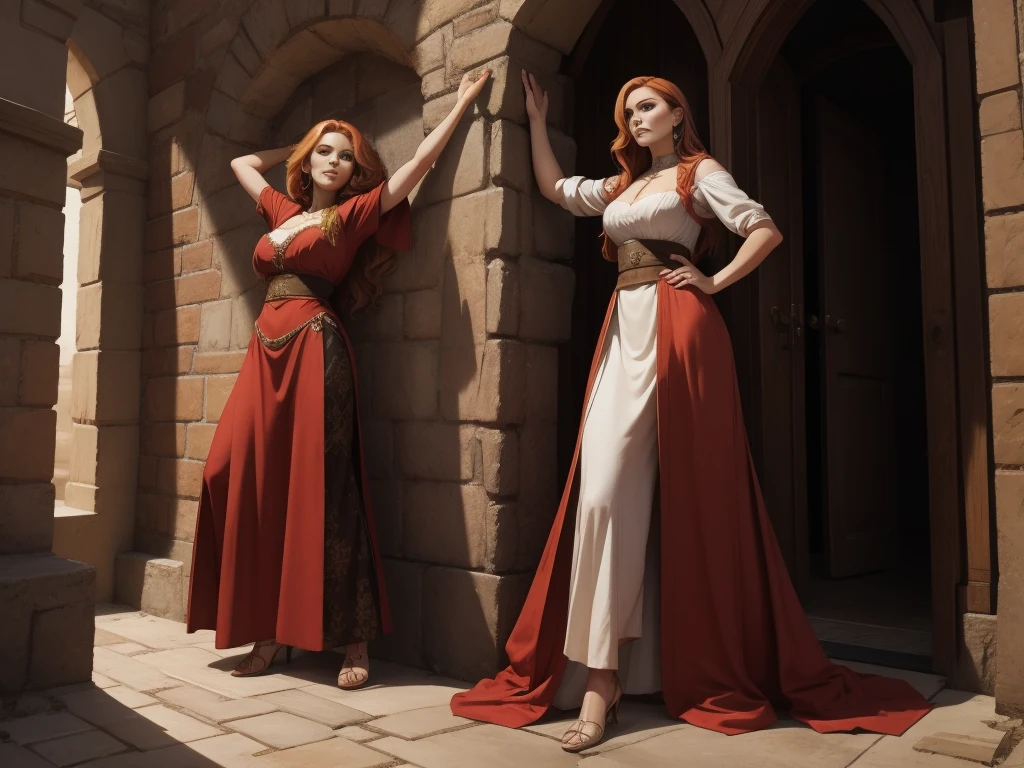 two women leaning on the wall with their arms up, a blonde and a redhead, They wear blouses from the medieval period, half body shot in front of the camera